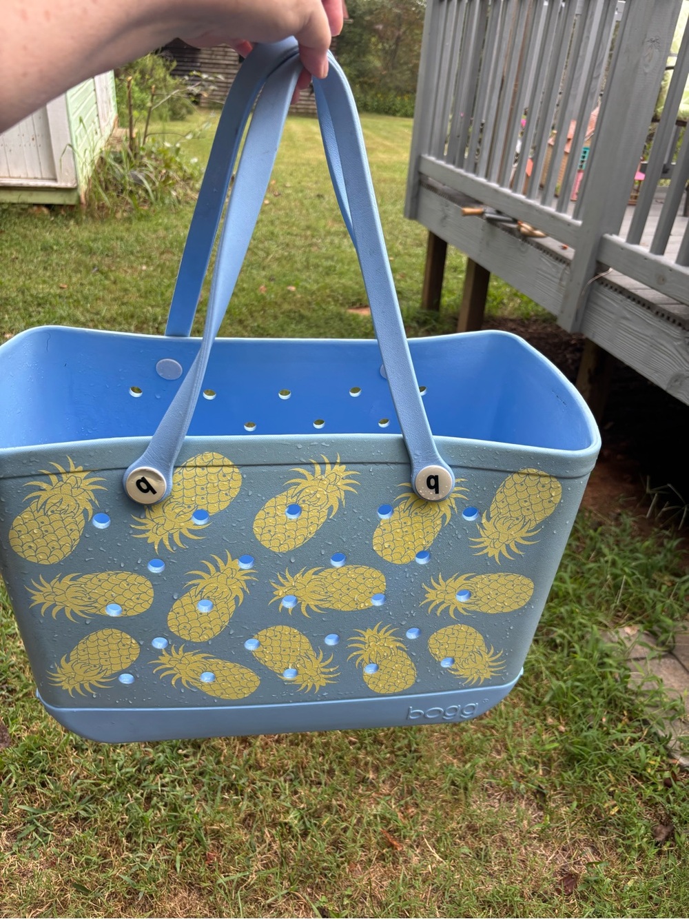BOGG BAG big bag Light Blue Tote with Yellow Pineapple Print